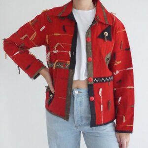 Vintage Orvis Red Abstract Patchwork Button Front Art Jacket Boho Small